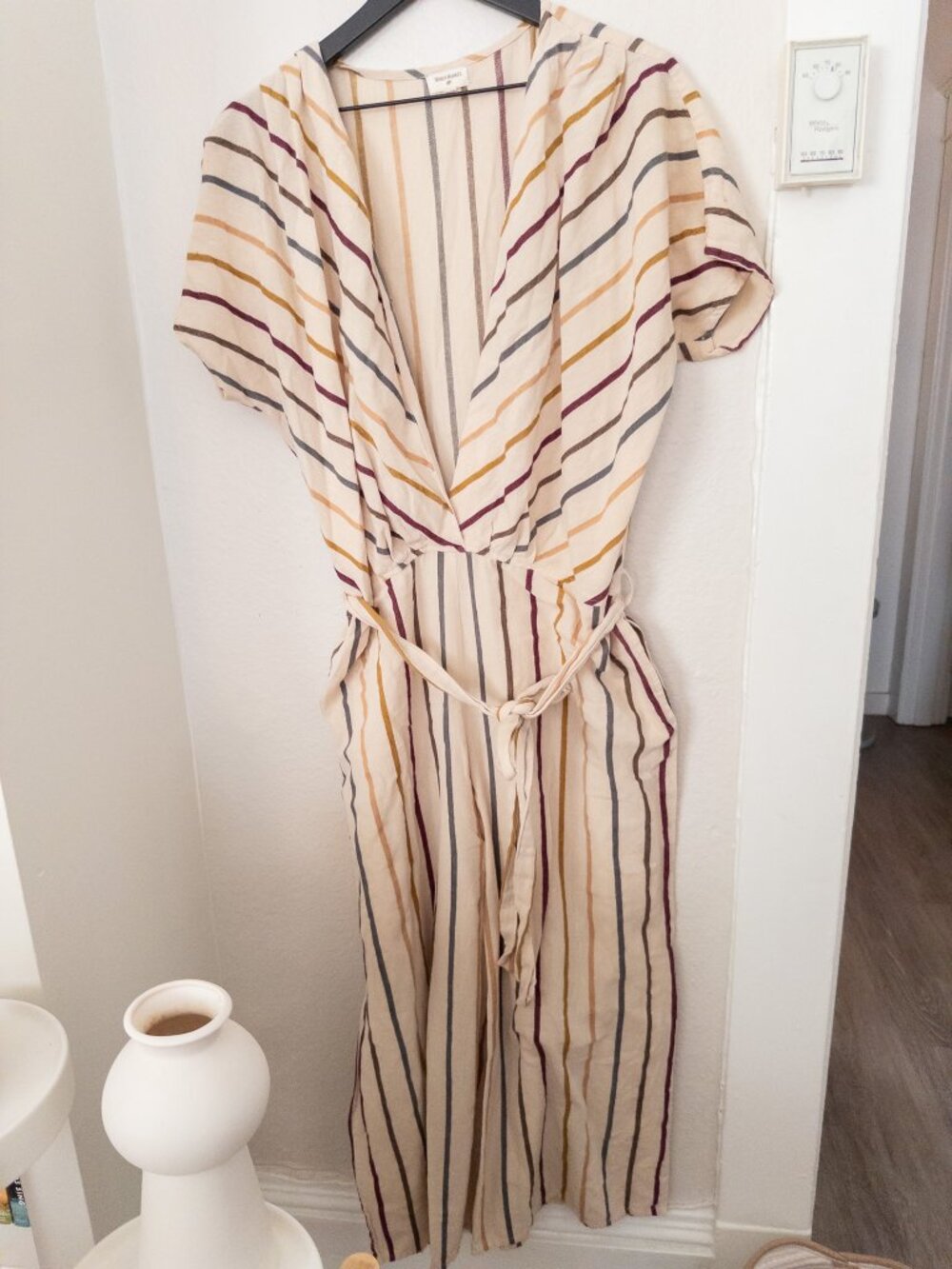 World Market Striped Loose Linen Jumpsuit with adjustable tie and V-neck - L/XL